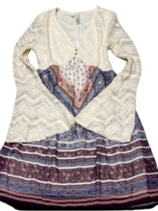 Venus Boho Lace-Trim Mini Dress in Cream and Purple - Picture 3 of 5